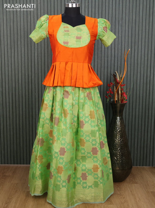 Kota kids lehenga orange and light green with patch work neck pattern and zari woven border for 12 years