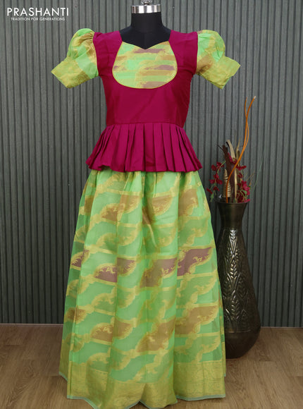 Kota kids lehenga pink and light green with patch work neck pattern and zari woven border for 13 years