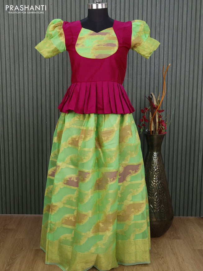 Kota kids lehenga pink and light green with patch work neck pattern and zari woven border for 13 years