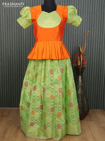 Kota kids lehenga orange and light green with patch work neck pattern and zari woven border for 13 years