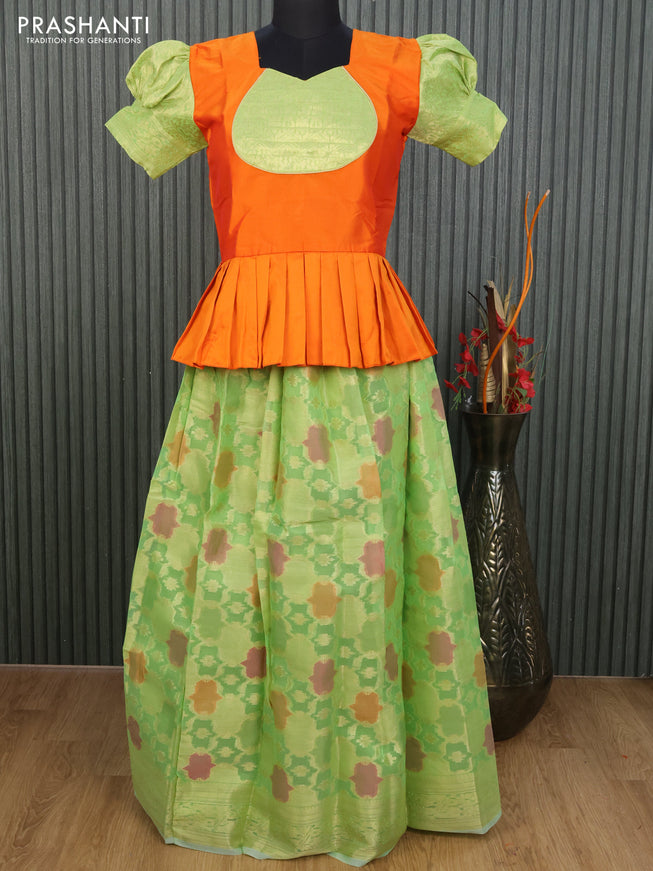 Kota kids lehenga orange and light green with patch work neck pattern and zari woven border for 13 years