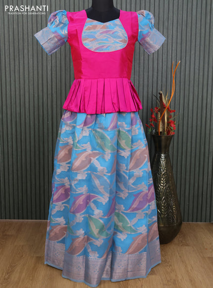 Kota kids lehenga pink and light blue with patch work neck pattern and zari woven border for 13 years