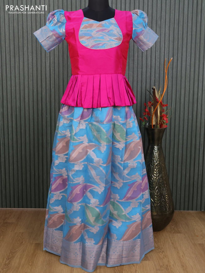 Kota kids lehenga pink and light blue with patch work neck pattern and zari woven border for 13 years