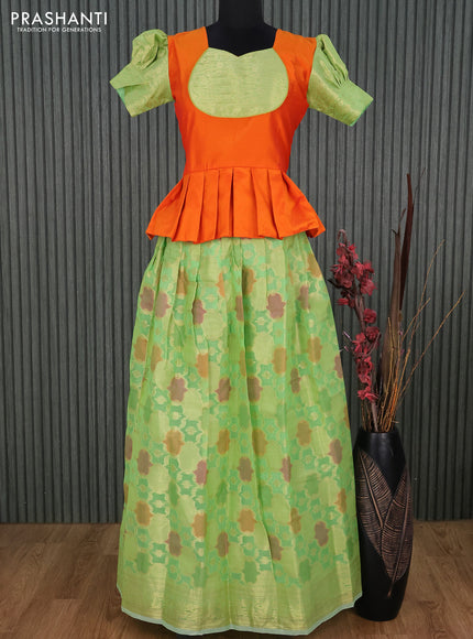 Kota kids lehenga orange and light green with patch work neck pattern and zari woven border for 14 years