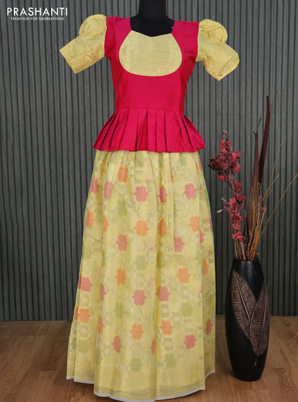 Kota kids lehenga dark pink and pale yellow with patch work neck pattern and zari woven border for 14 years