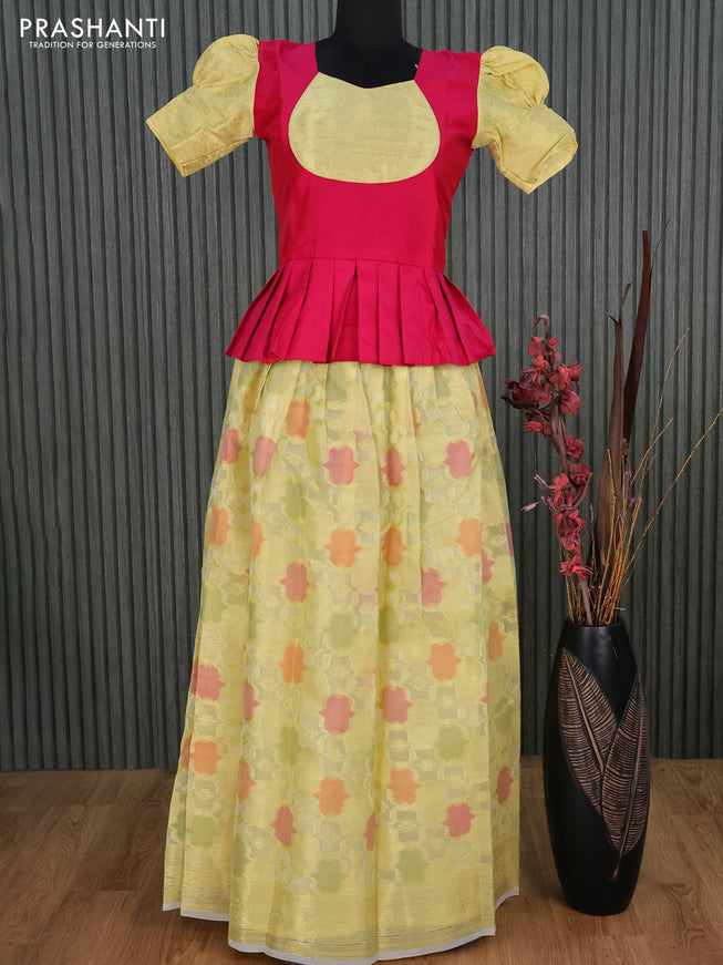 Kota kids lehenga dark pink and pale yellow with patch work neck pattern and zari woven border for 14 years