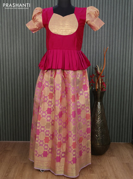 Kota kids lehenga magenta pink and light pink with patch work neck pattern and zari woven border for 14 years