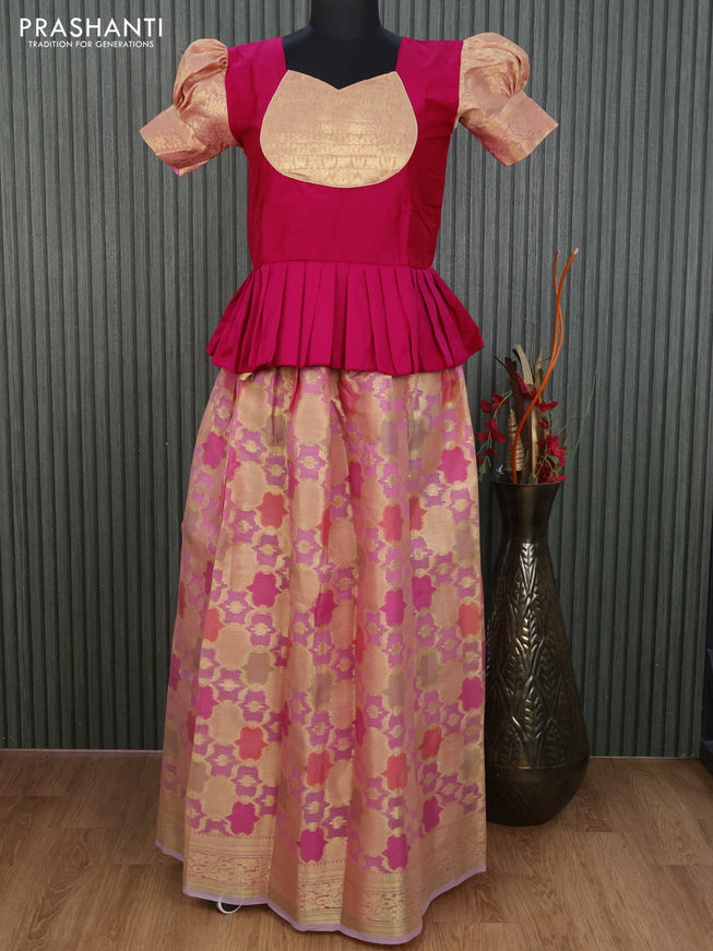 Kota kids lehenga magenta pink and light pink with patch work neck pattern and zari woven border for 14 years