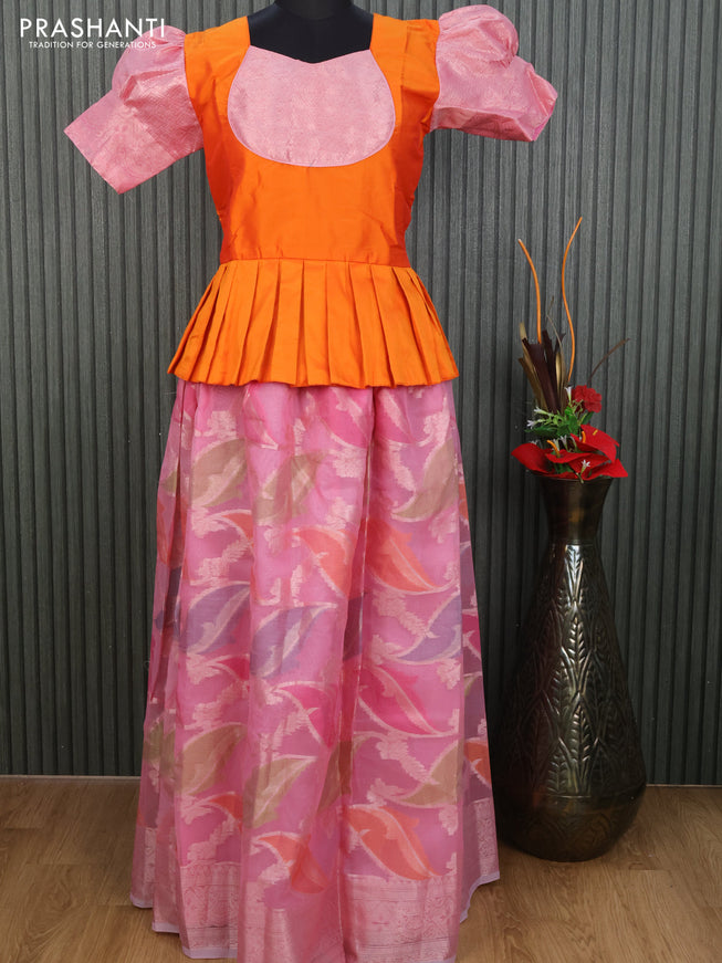 Kota kids lehenga orange and light pink with patch work neck pattern and zari woven border for 15 years