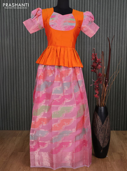 Kota kids lehenga orange and light pink with patch work neck pattern and zari woven border for 15 years