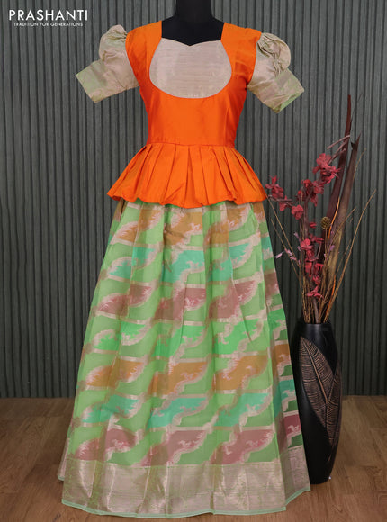 Kota kids lehenga orange and light green with patch work neck pattern and zari woven border for 16 years