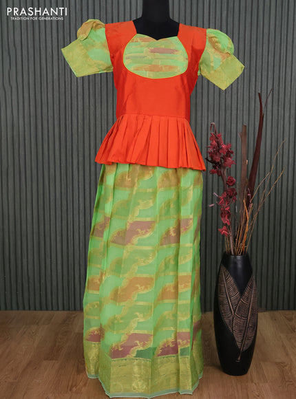 Kota kids lehenga orange and light green with patch work neck pattern and zari woven border for 16 years