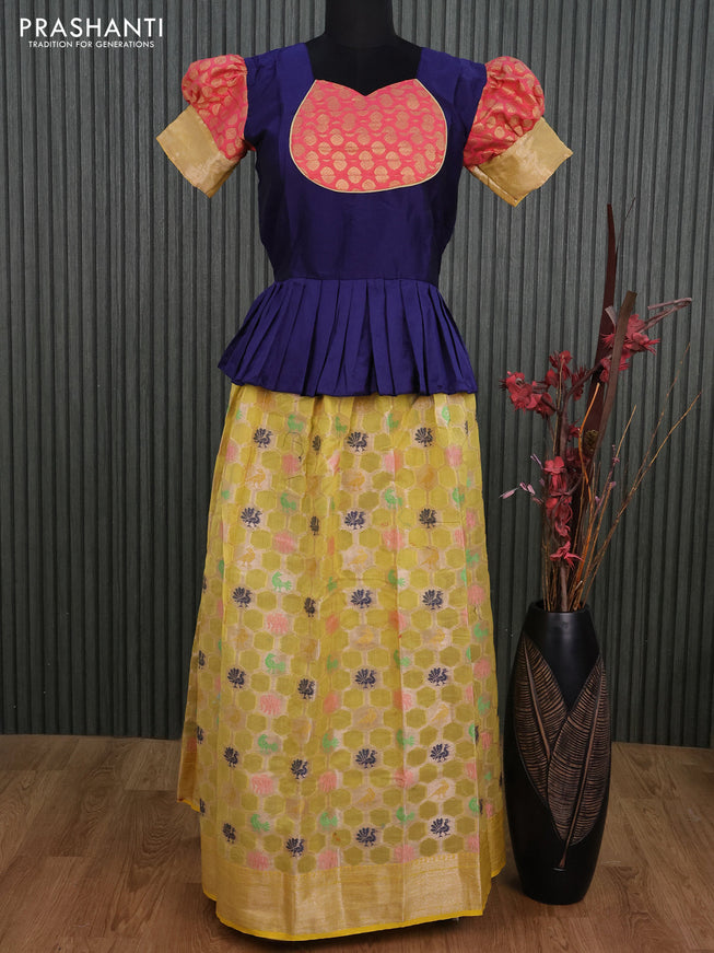 Kota kids lehenga dark blue and yellow with patch work neck pattern and zari woven border for 16 years