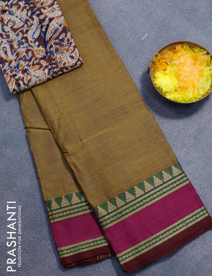 Chettinad cotton saree mehendi green shade and magenta pink with plain body and rettapet thread woven border - kalamkari printed blouse