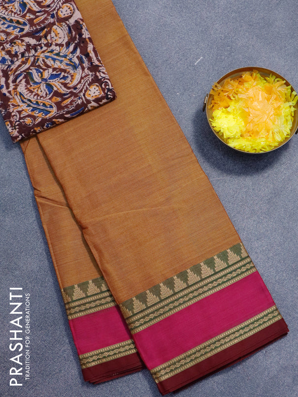 Chettinad cotton saree sandal and maroon with plain body and rettapet thread woven border - kalamkari printed blouse