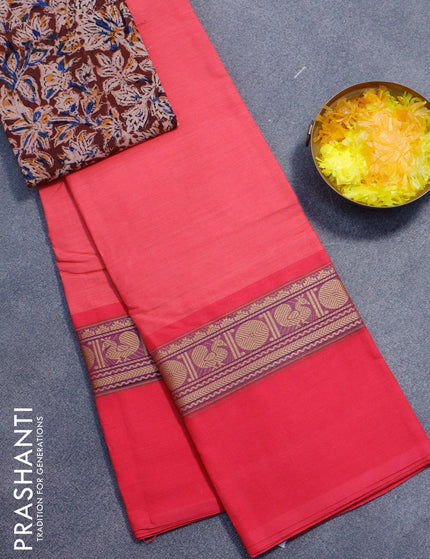 Chettinad cotton saree peach pink with plain body and rudhraksha rettapet thread woven border - kalamkari printed blouse