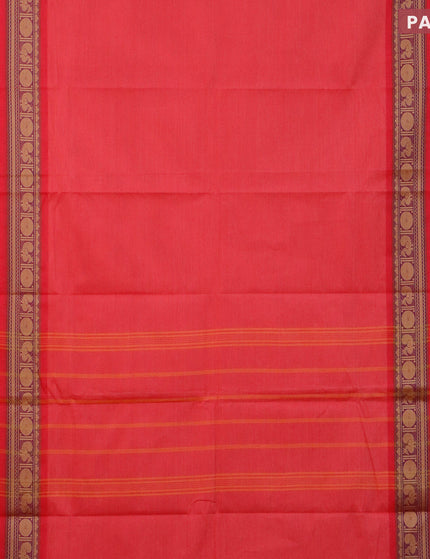 Chettinad cotton saree peach pink with plain body and rudhraksha rettapet thread woven border - kalamkari printed blouse