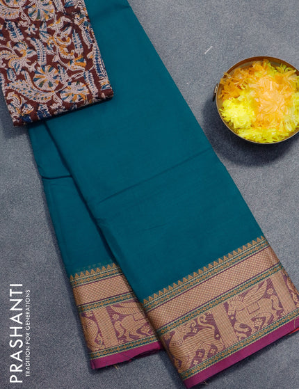 Chettinad cotton saree peacock green and magenta pink with plain body and thread woven border - kalamkari printed blouse