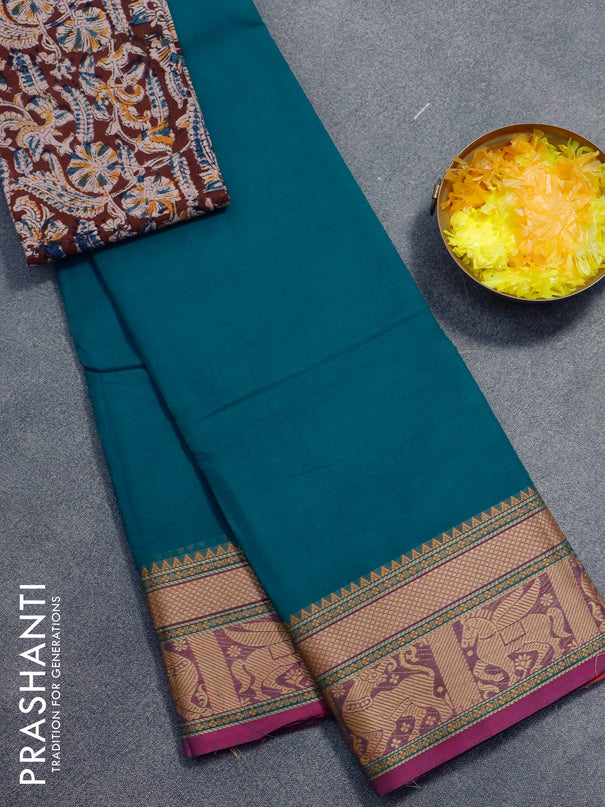 Chettinad cotton saree peacock green and magenta pink with plain body and thread woven border - kalamkari printed blouse