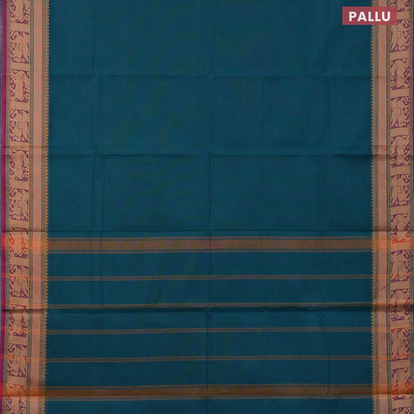 Chettinad cotton saree peacock green and magenta pink with plain body and thread woven border - kalamkari printed blouse