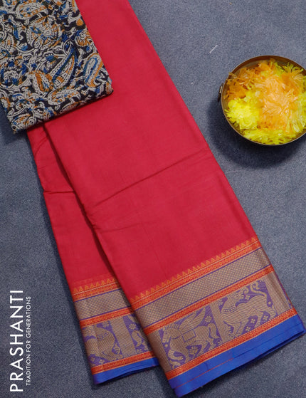 Chettinad cotton saree pink and blue with plain body and thread woven border - kalamkari printed blouse