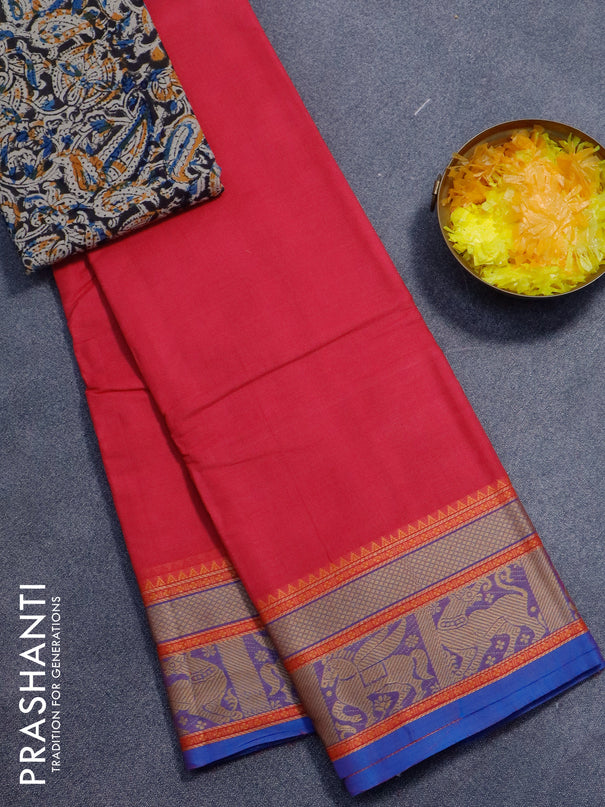 Chettinad cotton saree pink and blue with plain body and thread woven border - kalamkari printed blouse