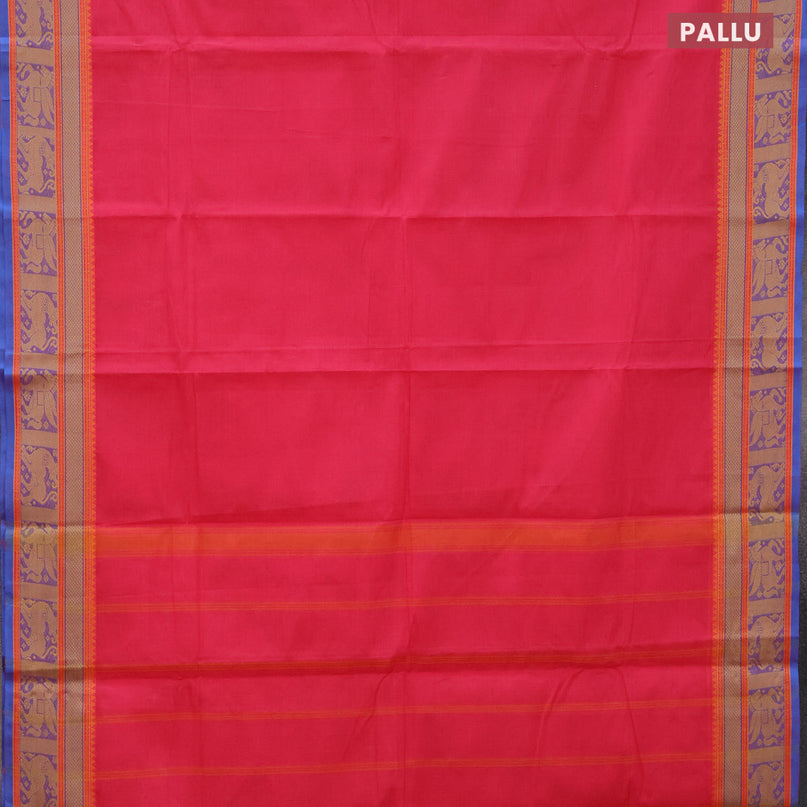 Chettinad cotton saree pink and blue with plain body and thread woven border - kalamkari printed blouse