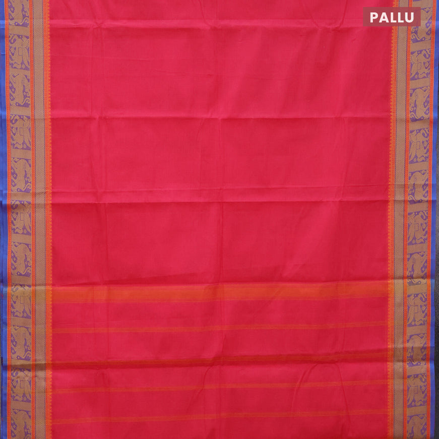 Chettinad cotton saree pink and blue with plain body and thread woven border - kalamkari printed blouse