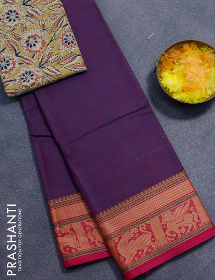 Chettinad cotton saree dual shade of purple and pink with plain body and thread woven border - kalamkari printed blouse