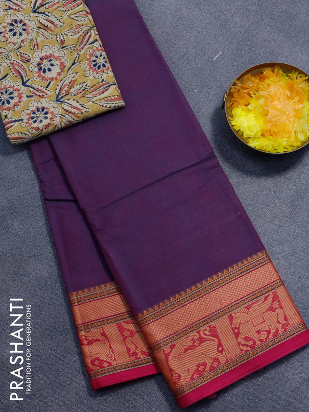 Chettinad cotton saree dual shade of purple and pink with plain body and thread woven border - kalamkari printed blouse