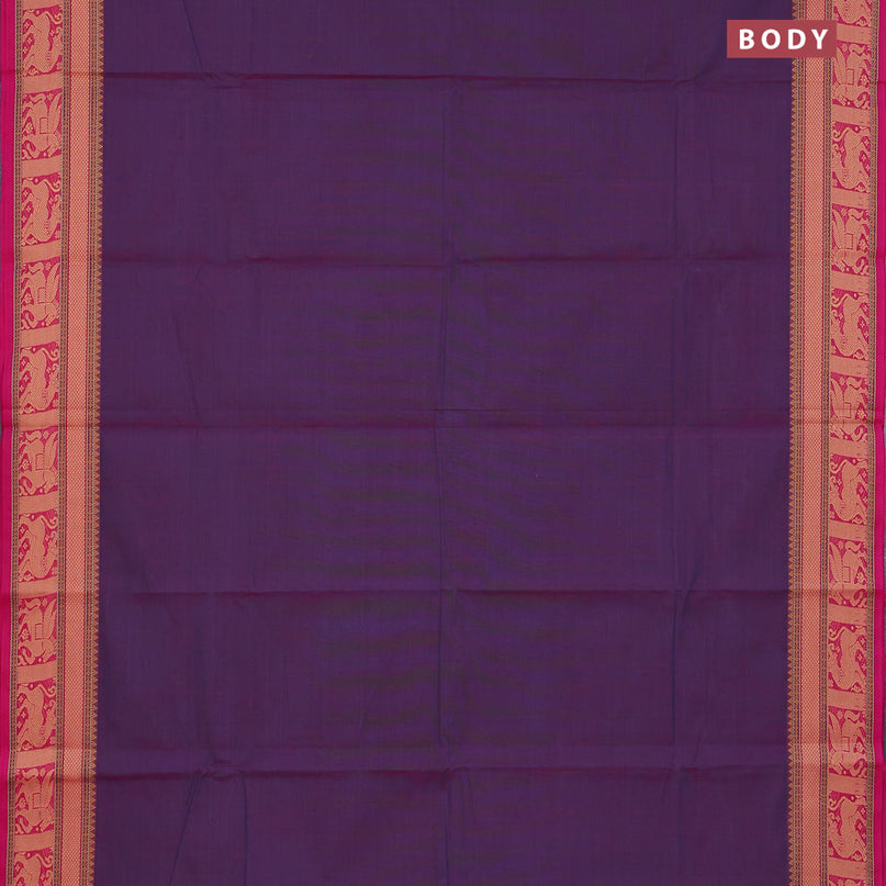 Chettinad cotton saree dual shade of purple and pink with plain body and thread woven border - kalamkari printed blouse