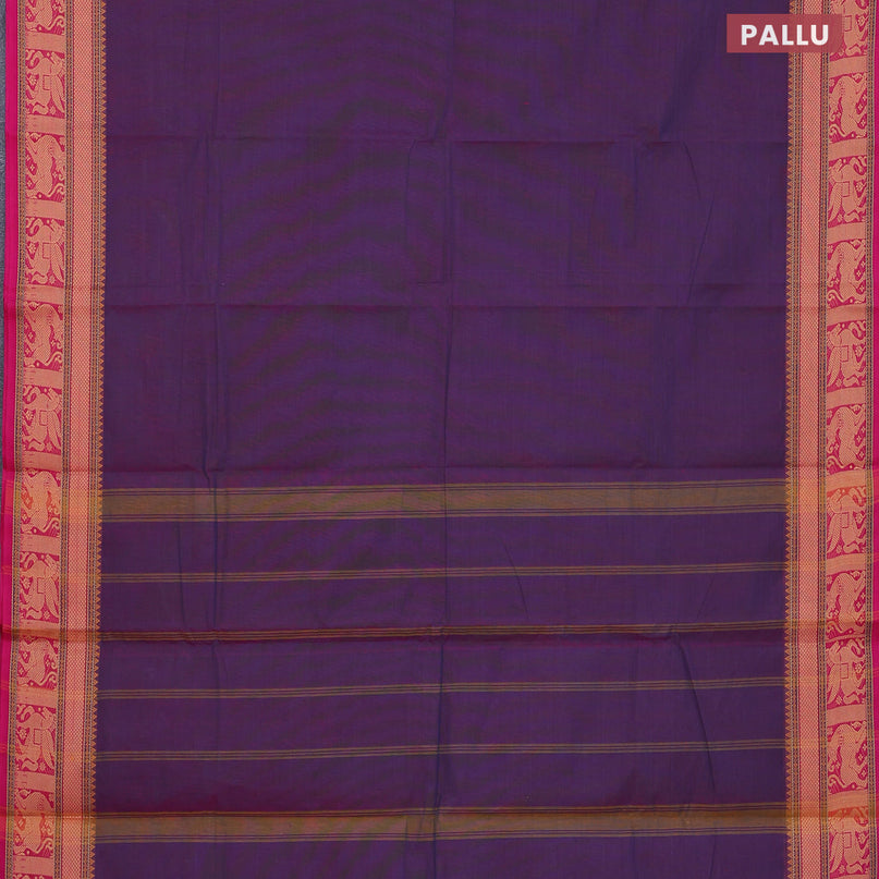 Chettinad cotton saree dual shade of purple and pink with plain body and thread woven border - kalamkari printed blouse