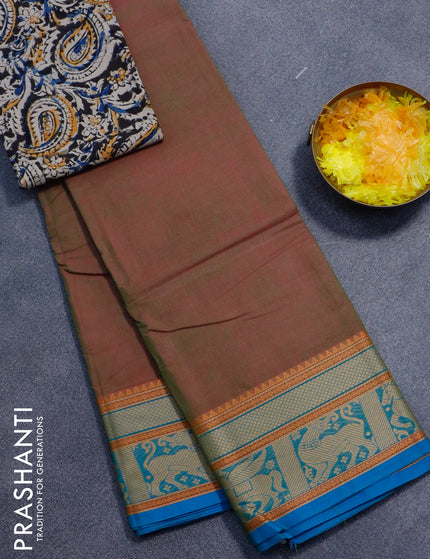 Chettinad cotton saree dual shade of greenish pink and cs blue with plain body and thread woven border - kalamkari printed blouse