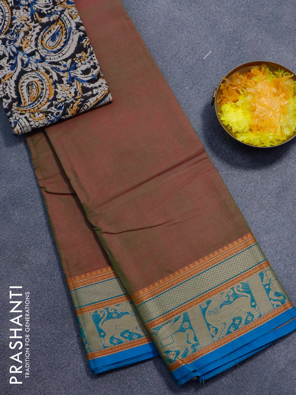 Chettinad cotton saree dual shade of greenish pink and cs blue with plain body and thread woven border - kalamkari printed blouse