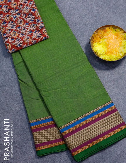 Chettinad cotton saree green and maroon with plain body and thread woven border - kalamkari printed blouse