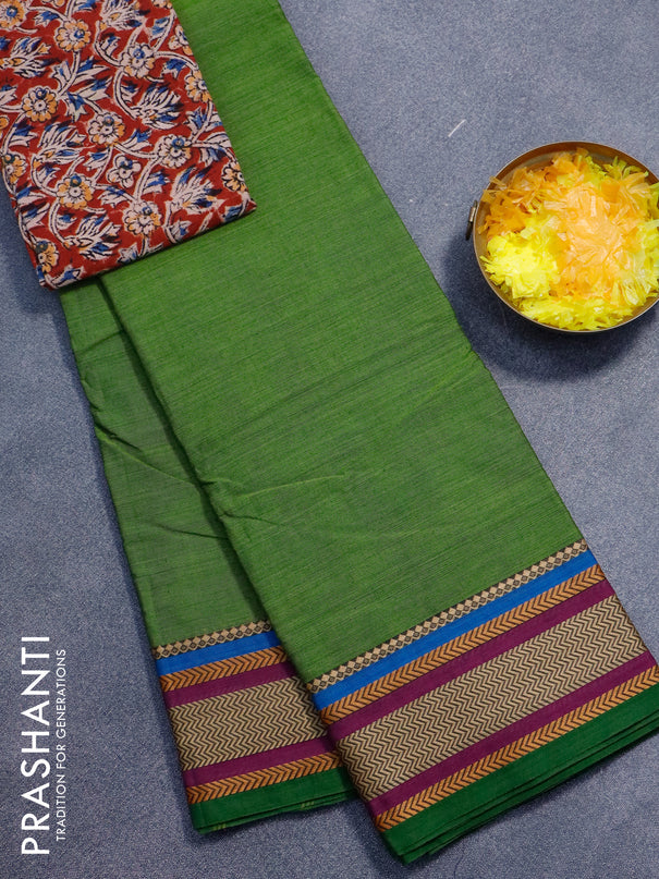 Chettinad cotton saree green and maroon with plain body and thread woven border - kalamkari printed blouse