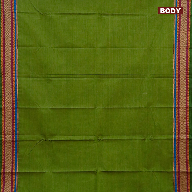 Chettinad cotton saree green and maroon with plain body and thread woven border - kalamkari printed blouse