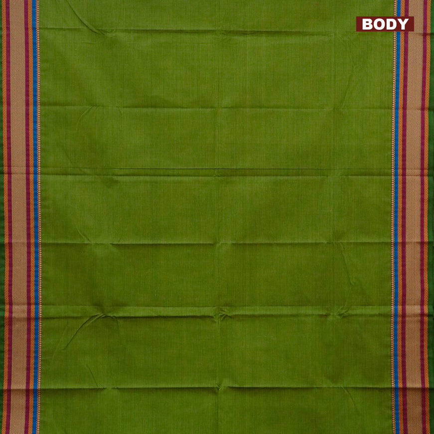 Chettinad cotton saree green and maroon with plain body and thread woven border - kalamkari printed blouse