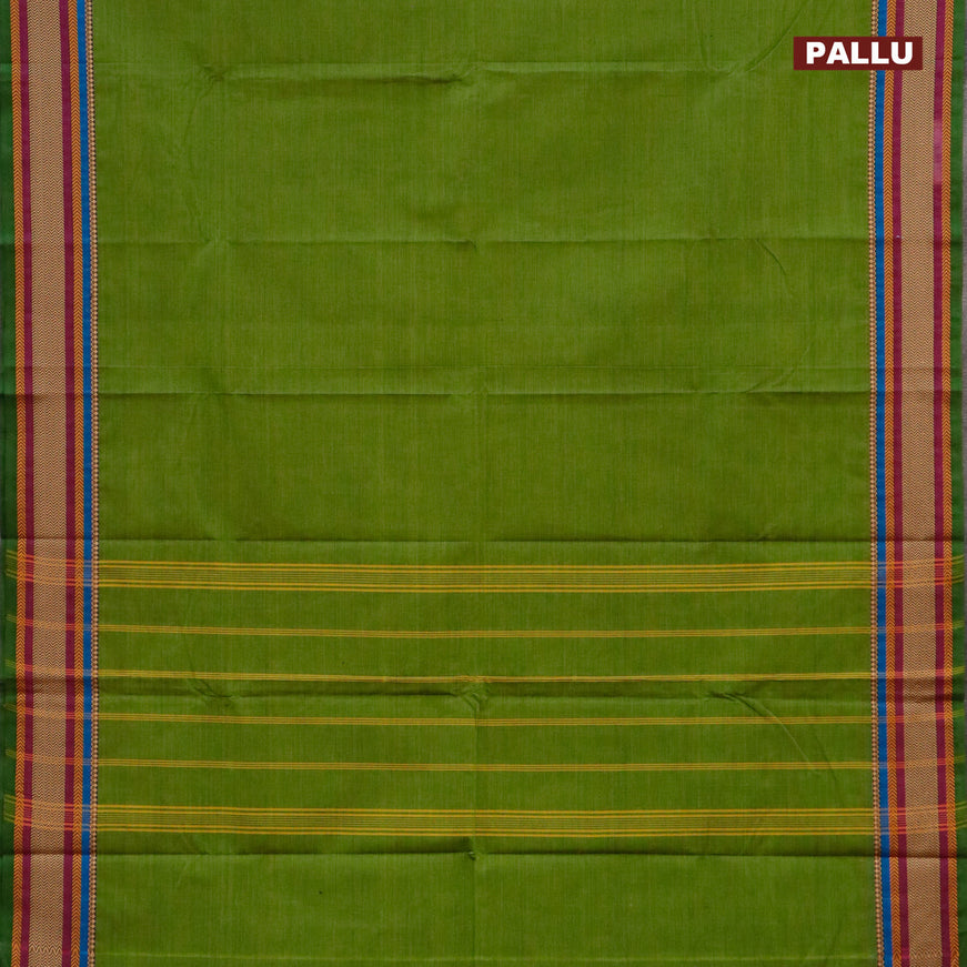 Chettinad cotton saree green and maroon with plain body and thread woven border - kalamkari printed blouse