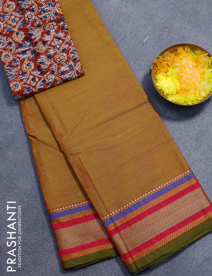 Chettinad cotton saree dual shade of green and pink with plain body and thread woven border - kalamkari printed blouse