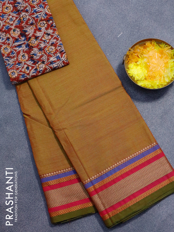 Chettinad cotton saree dual shade of green and pink with plain body and thread woven border - kalamkari printed blouse