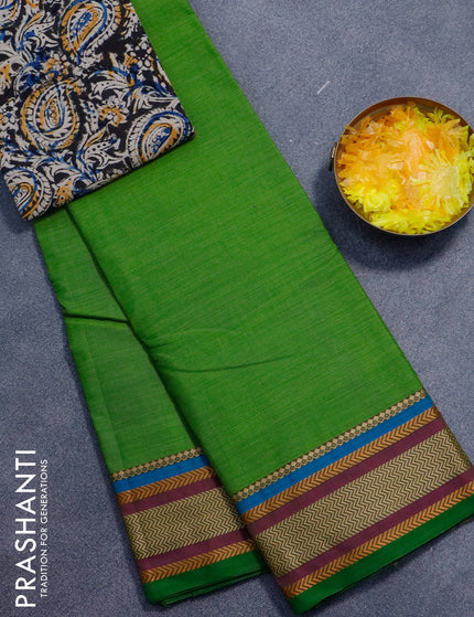 Chettinad cotton saree light green and black with plain body and thread woven border - kalamkari printed blouse