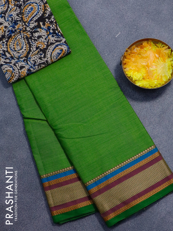 Chettinad cotton saree light green and black with plain body and thread woven border - kalamkari printed blouse