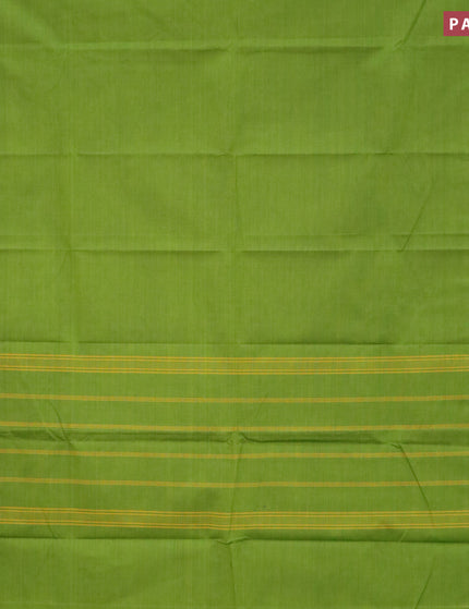 Chettinad cotton saree light green and black with plain body and thread woven border - kalamkari printed blouse