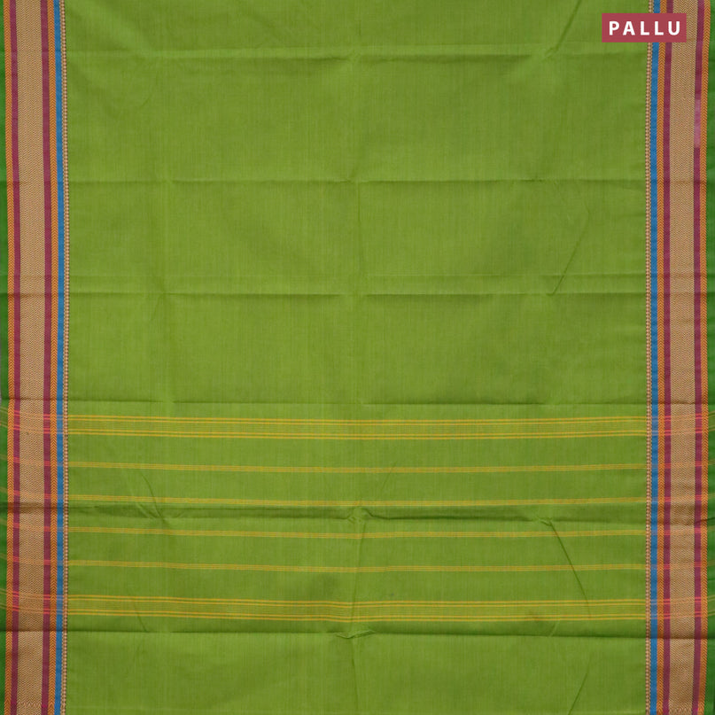 Chettinad cotton saree light green and black with plain body and thread woven border - kalamkari printed blouse