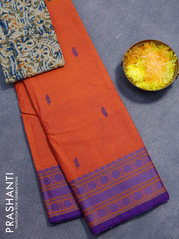 Chettinad cotton saree sunset orange and blue with thread woven buttas and thread woven border - kalamkari printed blouse