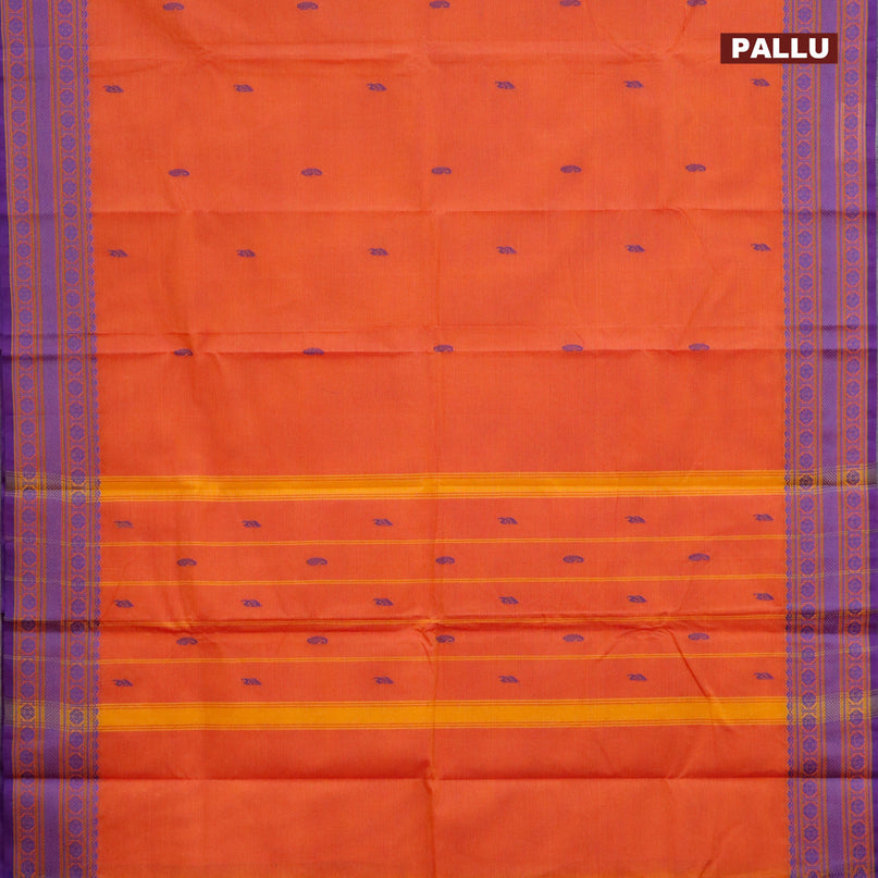 Chettinad cotton saree sunset orange and blue with thread woven buttas and thread woven border - kalamkari printed blouse