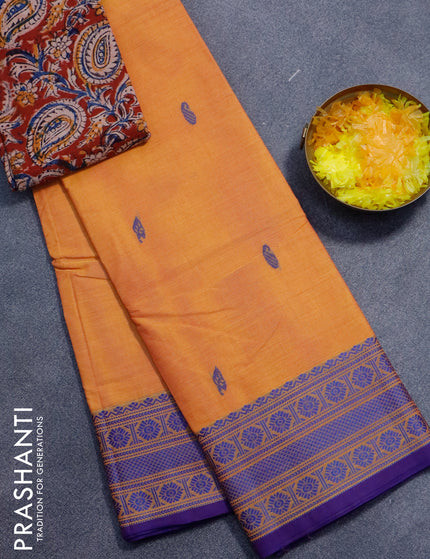 Chettinad cotton saree dual shade of yellow and blue with thread woven buttas and thread woven border - kalamkari printed blouse