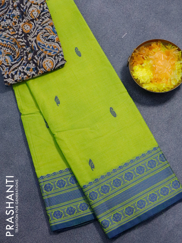 Chettinad cotton saree fluorescent green and blue with thread woven buttas and thread woven border - kalamkari printed blouse