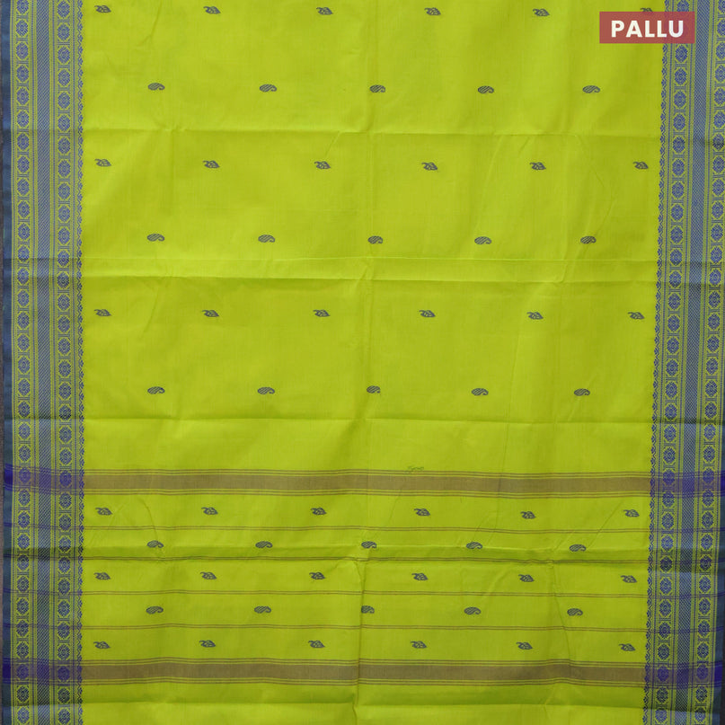 Chettinad cotton saree fluorescent green and blue with thread woven buttas and thread woven border - kalamkari printed blouse